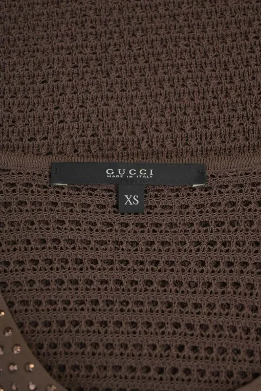 Brown viscose-blend open-gauge warp knit paneled t-shirt with studded front panel