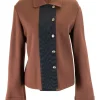 Brown wool felt cardigan with black moire grosgrain panel