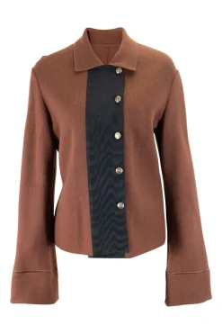 Brown wool felt cardigan with black moire grosgrain panel
