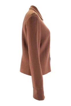 Brown wool felt cardigan with black moire grosgrain panel