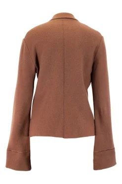 Brown wool felt cardigan with black moire grosgrain panel