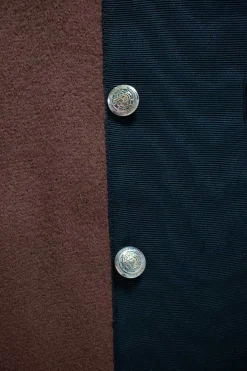 Brown wool felt cardigan with black moire grosgrain panel