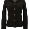 Brown wool fisherman knit button-front hooded cardigan