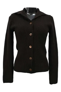 Brown wool fisherman knit button-front hooded cardigan