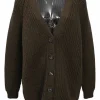 Brown wool fisherman knit button-front cardigan