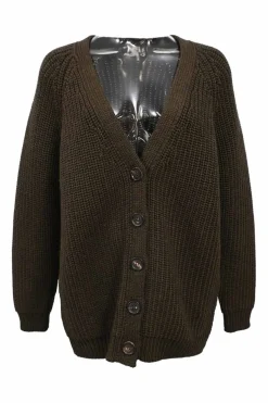 Brown wool fisherman knit button-front cardigan