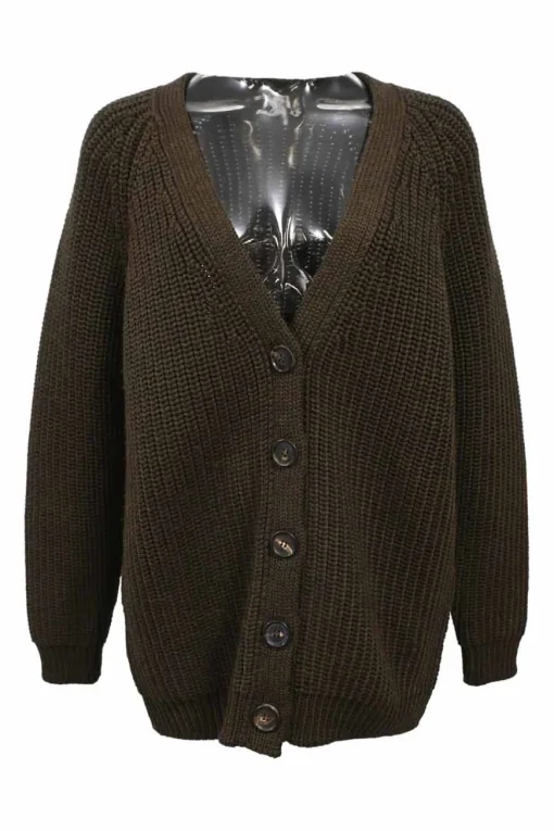 Brown wool fisherman knit button-front cardigan