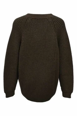 Brown wool fisherman knit button-front cardigan