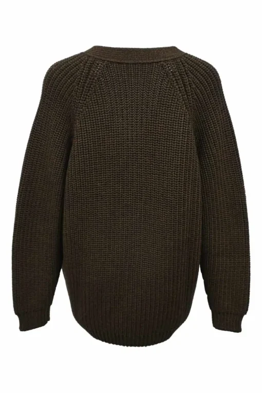 Brown wool fisherman knit button-front cardigan