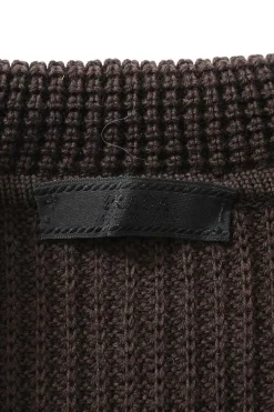 Brown wool fisherman knit button-front hooded cardigan