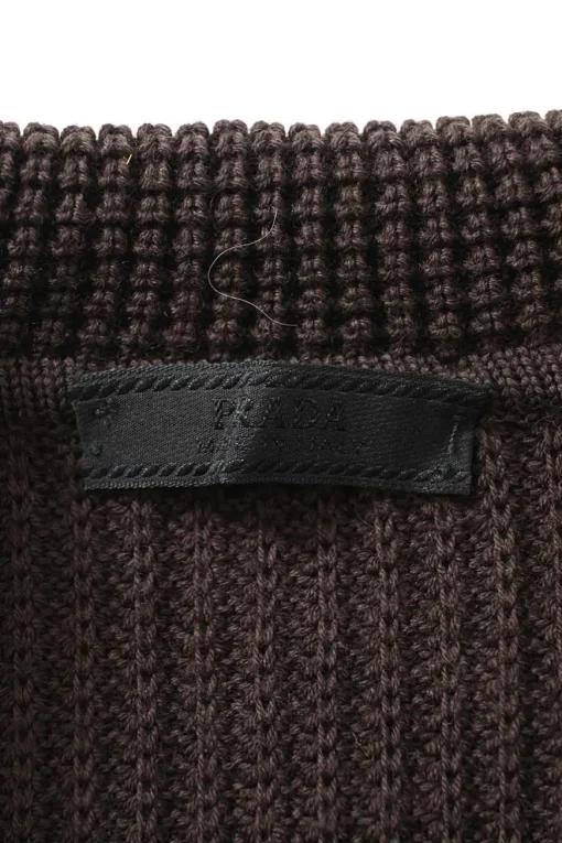 Brown wool fisherman knit button-front hooded cardigan