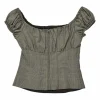 Brown wool houndstooth tweed puff sleeve peplum top with bateau neckline