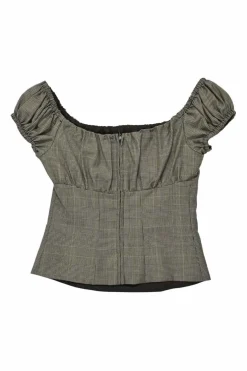Brown wool houndstooth tweed puff sleeve peplum top with bateau neckline