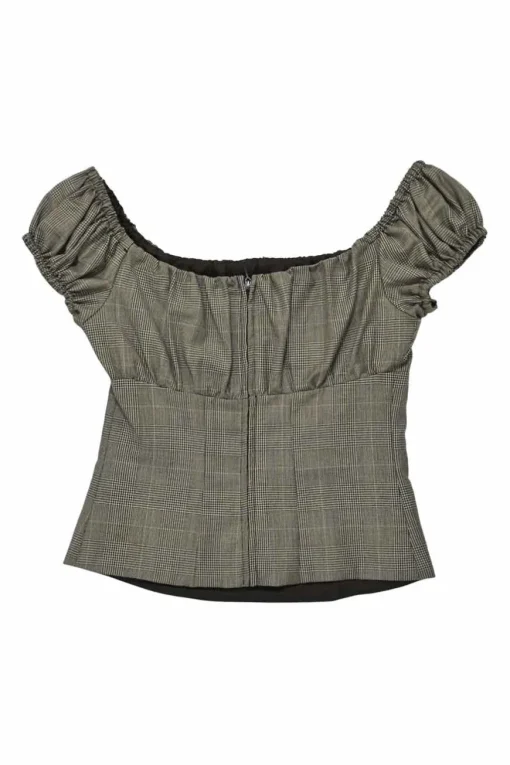 Brown wool houndstooth tweed puff sleeve peplum top with bateau neckline