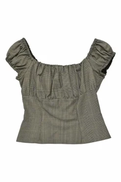 Brown wool houndstooth tweed puff sleeve peplum top with bateau neckline
