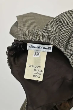 Brown wool houndstooth tweed puff sleeve peplum top with bateau neckline