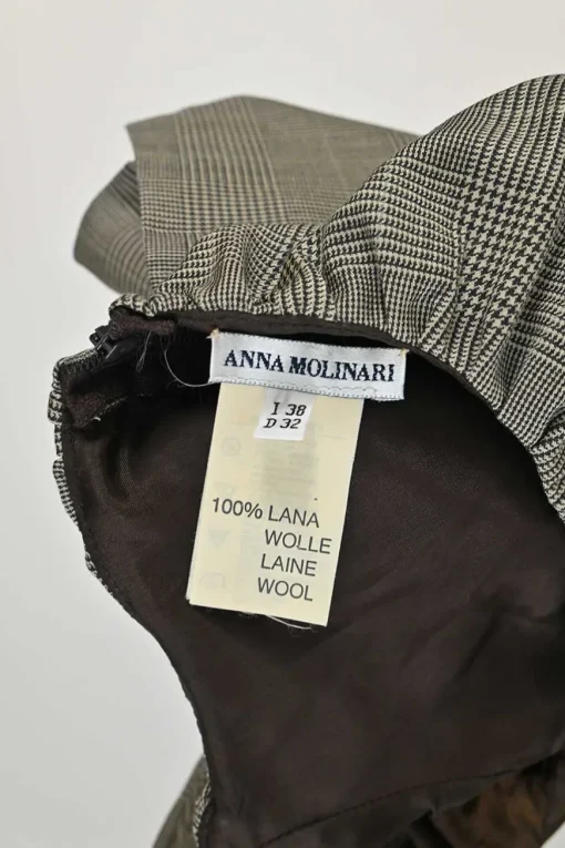 Brown wool houndstooth tweed puff sleeve peplum top with bateau neckline