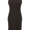 Brown wool jersey knit crewneck sleeveless knee-length dress