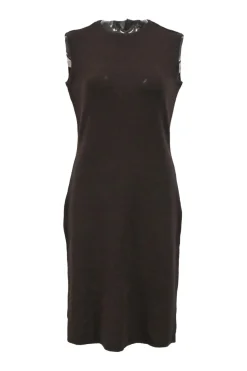 Brown wool jersey knit crewneck sleeveless knee-length dress