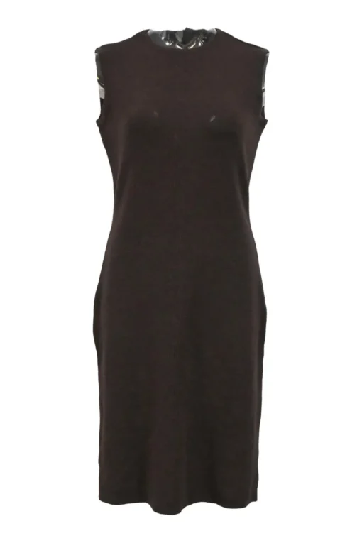 Brown wool jersey knit crewneck sleeveless knee-length dress