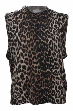 Brown wool-blend leopard print mock neck pullover knit gilet with crystal shank button shoulderline appliqué