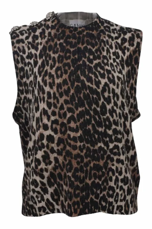 Brown wool-blend leopard print mock neck pullover knit gilet with crystal shank button shoulderline appliqué