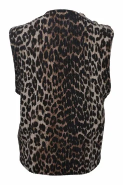 Brown wool-blend leopard print mock neck pullover knit gilet with crystal shank button shoulderline appliqué
