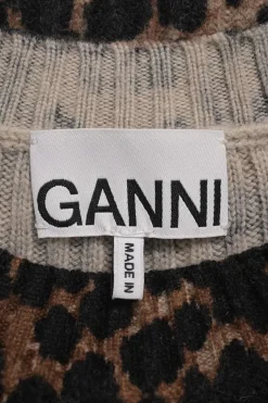 Brown wool-blend leopard print mock neck pullover knit gilet with crystal shank button shoulderline appliqué