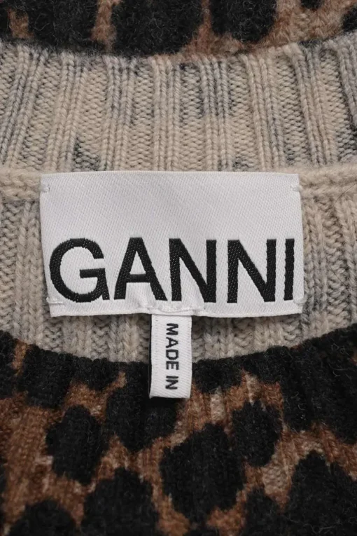 Brown wool-blend leopard print mock neck pullover knit gilet with crystal shank button shoulderline appliqué