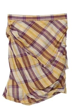 Burgundy and honey draped cotton Madras check voile Birdy pencil skirt