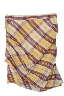Burgundy and honey draped cotton Madras check voile Birdy pencil skirt
