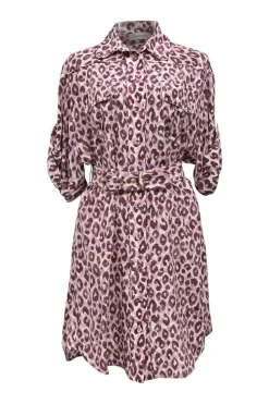 Burgundy and pink leopard-print silk spread collar belted mini shirt dress