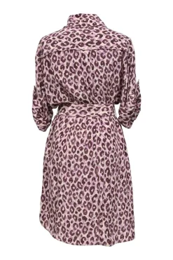 Burgundy and pink leopard-print silk spread collar belted mini shirt dress