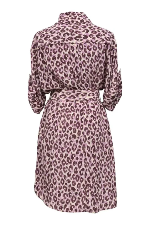Burgundy and pink leopard-print silk spread collar belted mini shirt dress