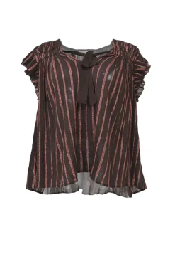 Burgundy and red cotton-lurex blend metallic stripe jacquard tie-front flutter sleeve swing top