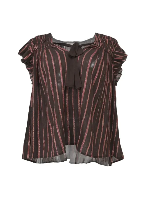 Burgundy and red cotton-lurex blend metallic stripe jacquard tie-front flutter sleeve swing top