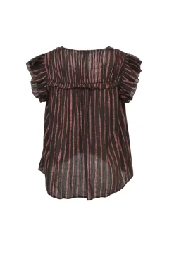 Burgundy and red cotton-lurex blend metallic stripe jacquard tie-front flutter sleeve swing top