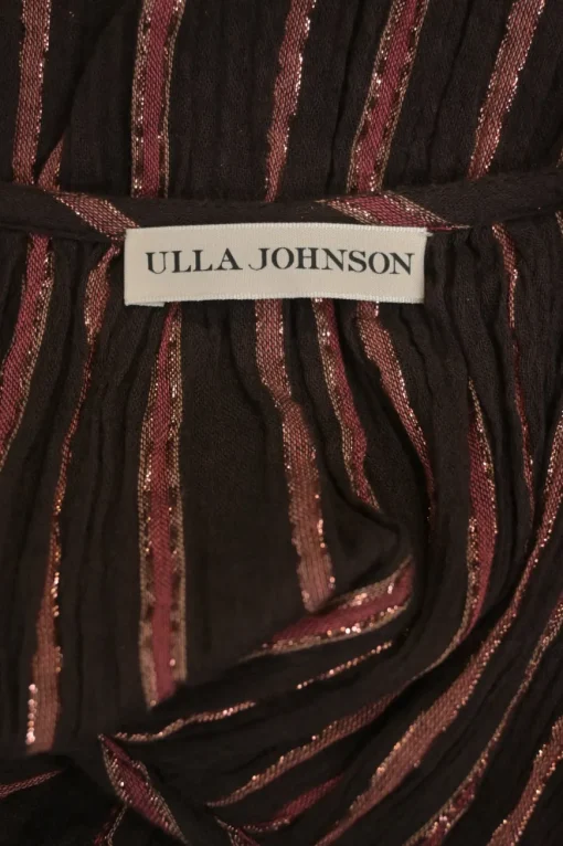 Burgundy and red cotton-lurex blend metallic stripe jacquard tie-front flutter sleeve swing top