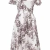 Burgundy and white cotton Fraser Toile de Jouy portrait neck dolman sleeve A-line dress