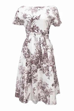 Burgundy and white cotton Fraser Toile de Jouy portrait neck dolman sleeve A-line dress