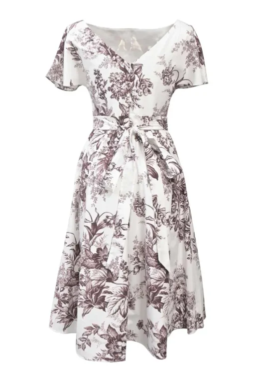 Burgundy and white cotton Fraser Toile de Jouy portrait neck dolman sleeve A-line dress