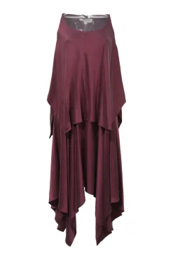 Burgundy bias-cut bi-layer polyester handkerchief midi dress