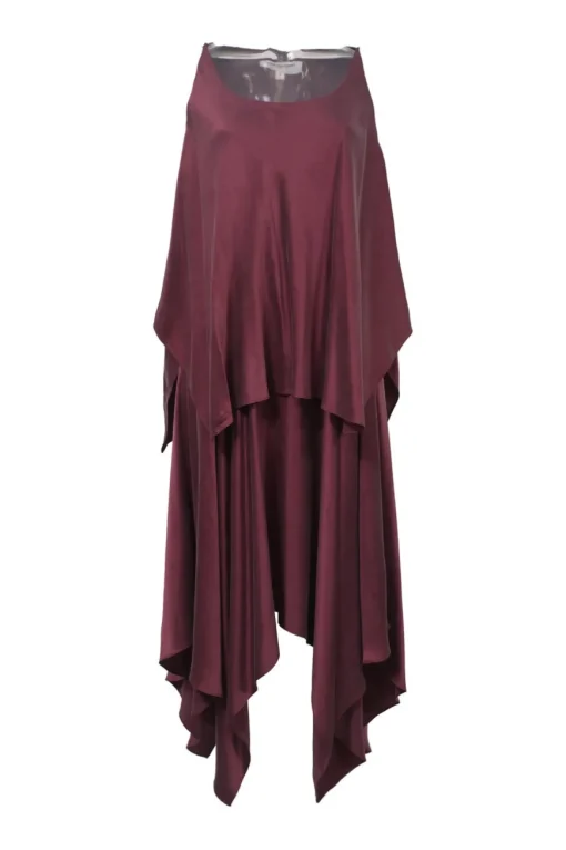 Burgundy bias-cut bi-layer polyester handkerchief midi dress