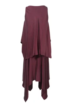 Burgundy bias-cut bi-layer polyester handkerchief midi dress
