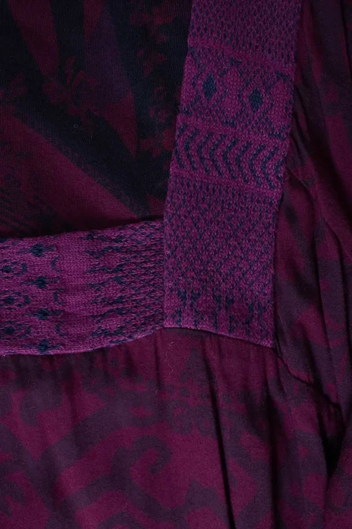 Burgundy casual dress with dark brown pattern with knit panel