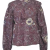 Burgundy cotton floral print ruffle keyhole-front swing-style blouse with button loop fastening at centre front