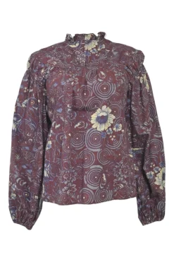 Burgundy cotton floral print ruffle keyhole-front swing-style blouse with button loop fastening at centre front