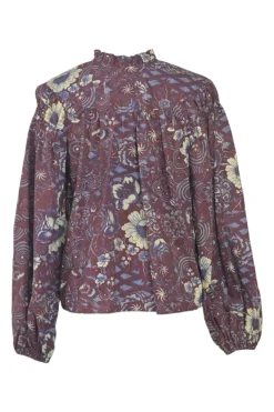Burgundy cotton floral print ruffle keyhole-front swing-style blouse with button loop fastening at centre front
