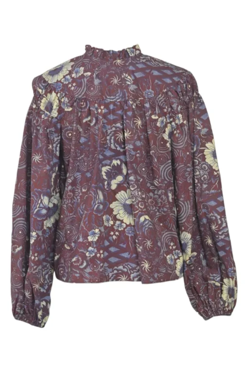 Burgundy cotton floral print ruffle keyhole-front swing-style blouse with button loop fastening at centre front