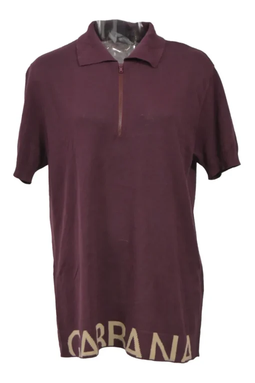 Burgundy cotton interlock jersey spread collar half-zip polo knit top